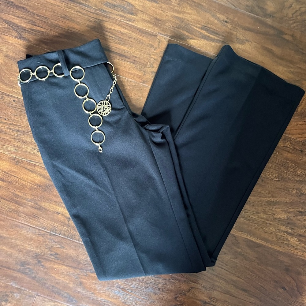 Anne Klein Y2K Flare Dress Pants with Gold-tone Chain Belt
